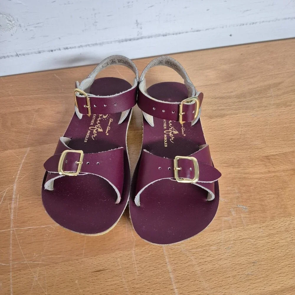 Salt Water Surfer Eggplant Purple Sandal Leather Insoles Double Strap Adjustable - Picture 2 of 4